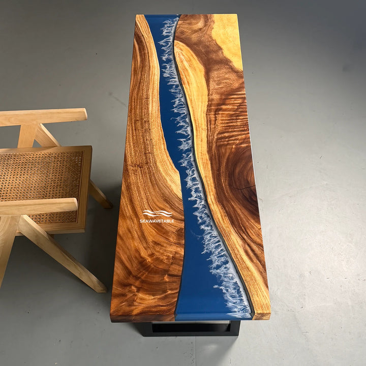 Factory workshop producing a double-layer walnut resin console top table with premium epoxy table craftsmanship and precise woodworking techniques - SeaWaveTable