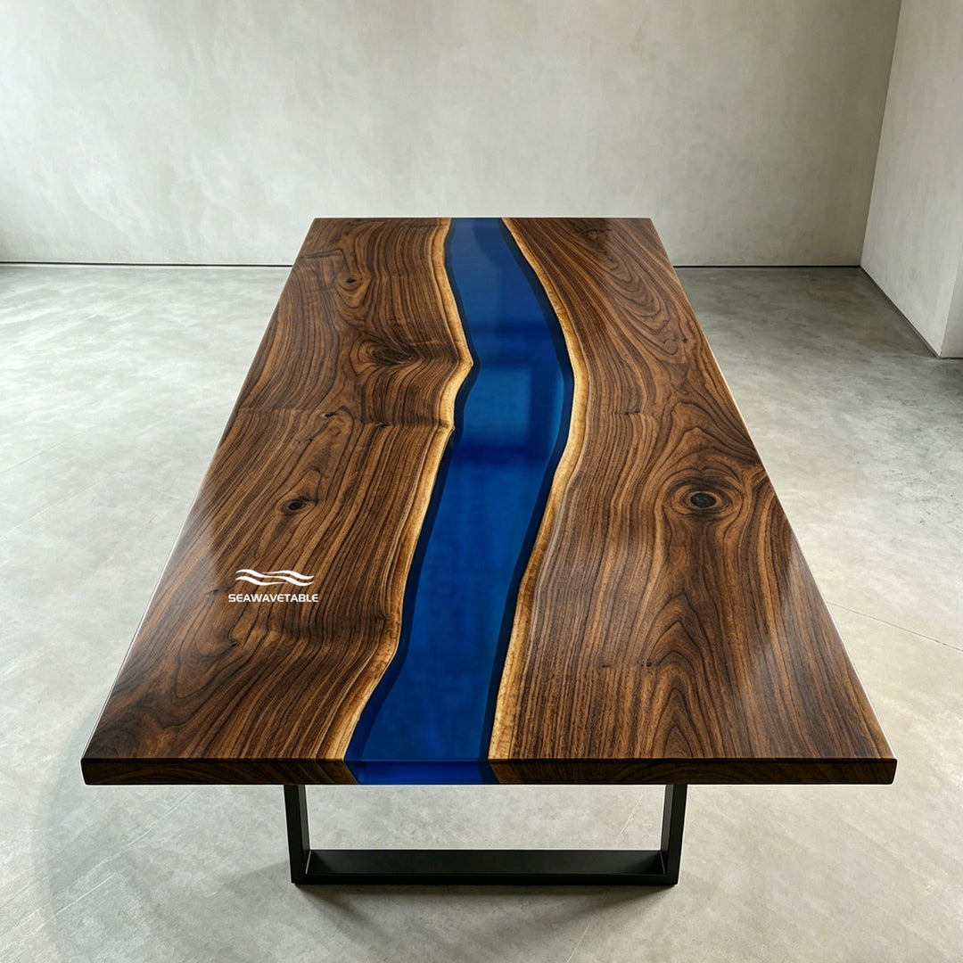 Handcrafted Black Walnut blue epoxy river table CRT-337 with understated luxury design