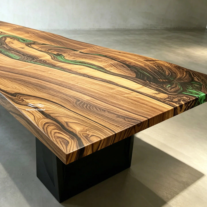 Handcrafted Black Walnut organic resin dining table CRT-336 with natural grain movement