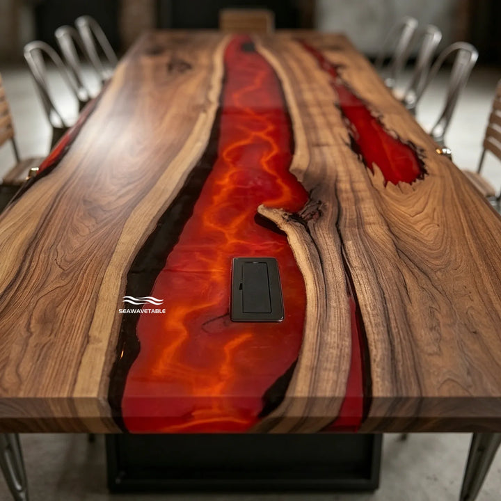 Handcrafted black walnut red resin river table CRT-339 in modern loft style interior