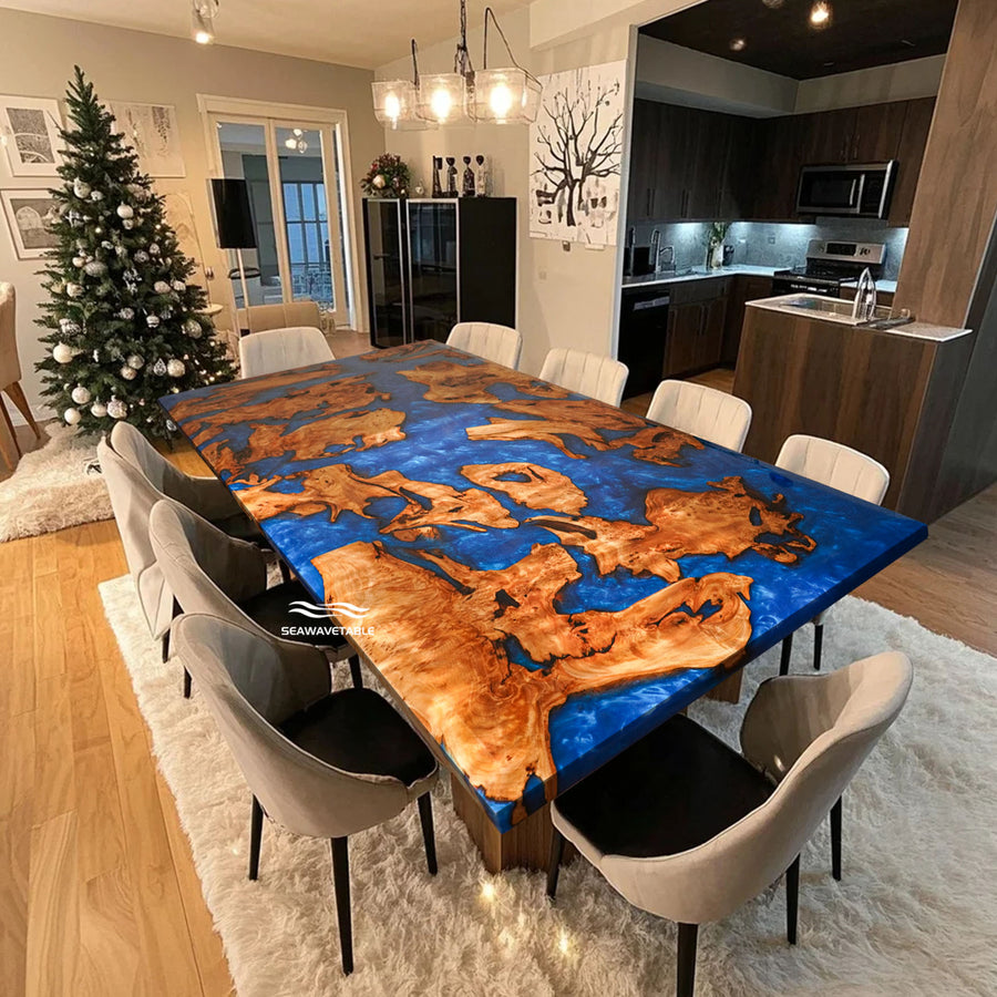 Dining room with a unique blue and brown table in a modern kitchen setting.