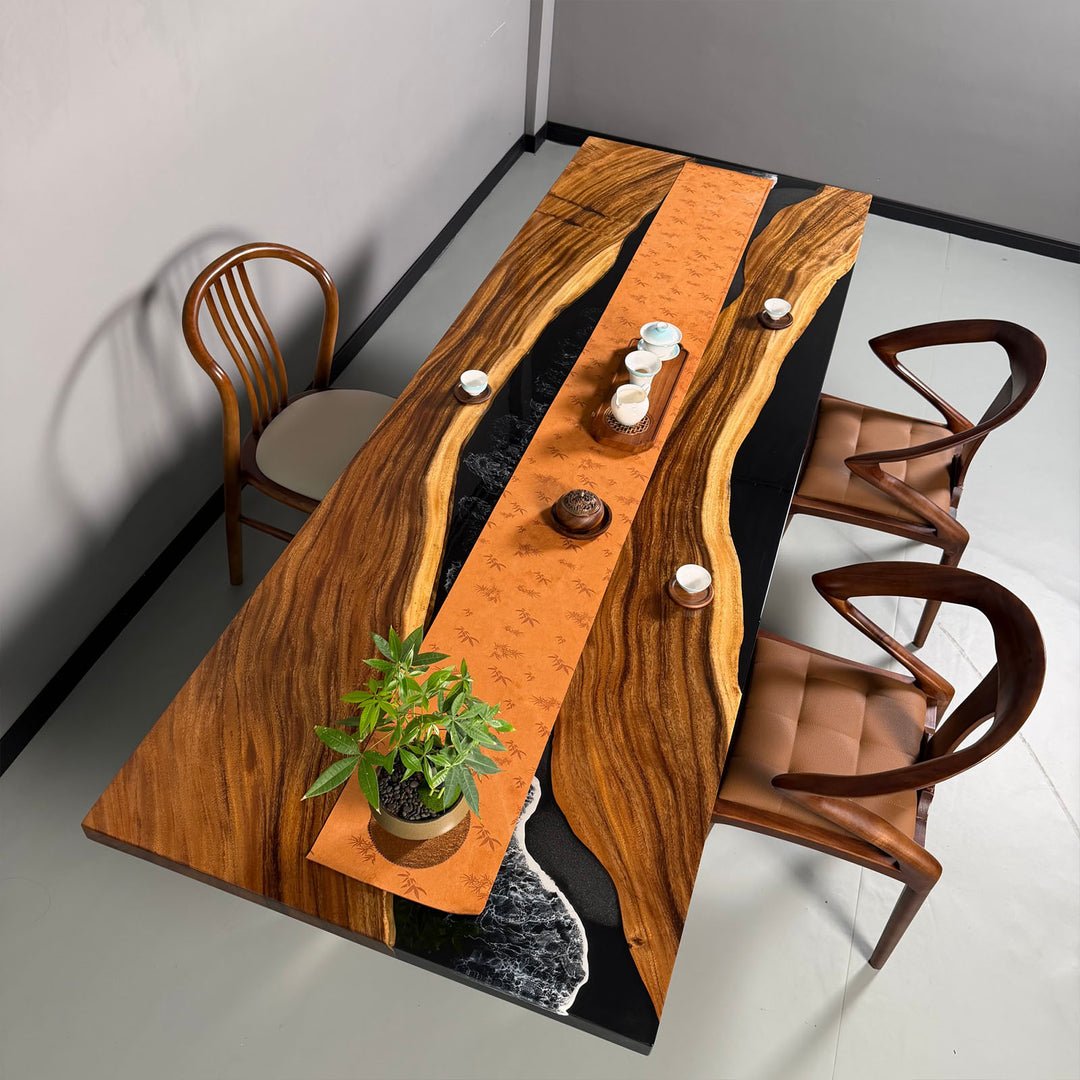 Handcrafted walnut river dining table with black epoxy and white wave accents