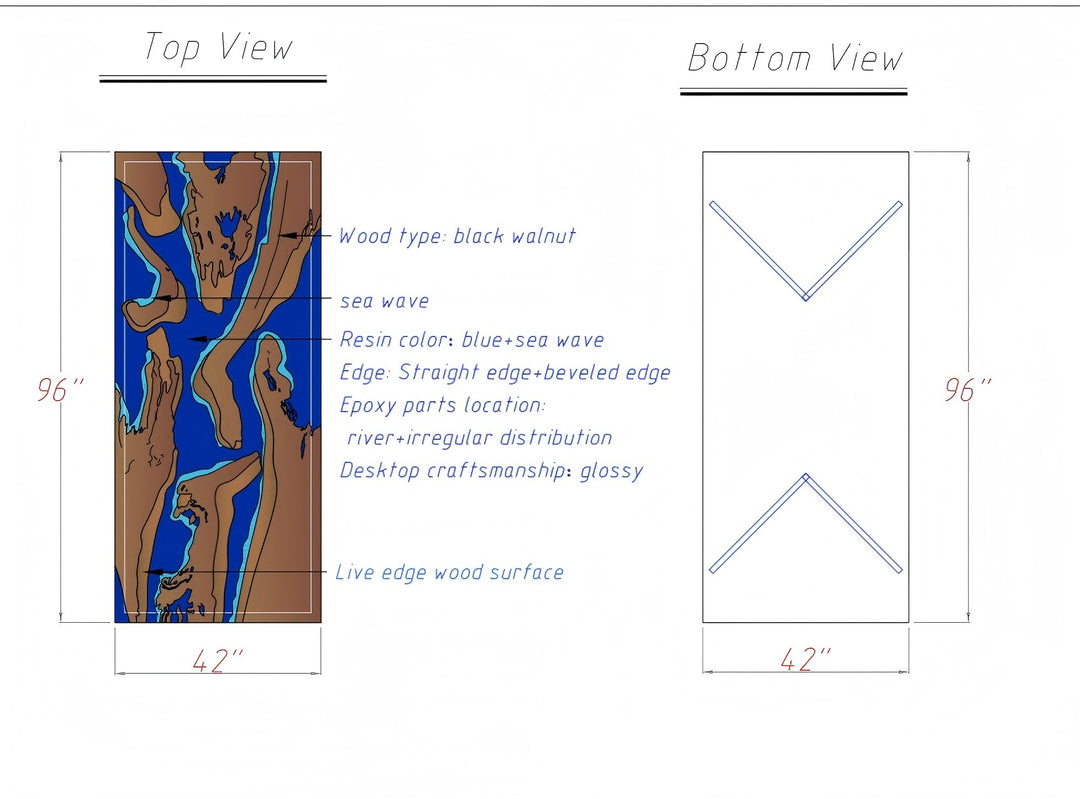 Handmade black walnut river epoxy dining table technical drawing showing live edge wood and resin design