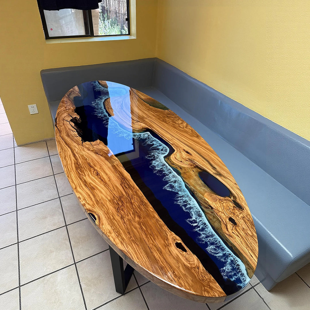 handmade olive wood ocean blue epoxy resin oval coffee table with white wave design customer photo