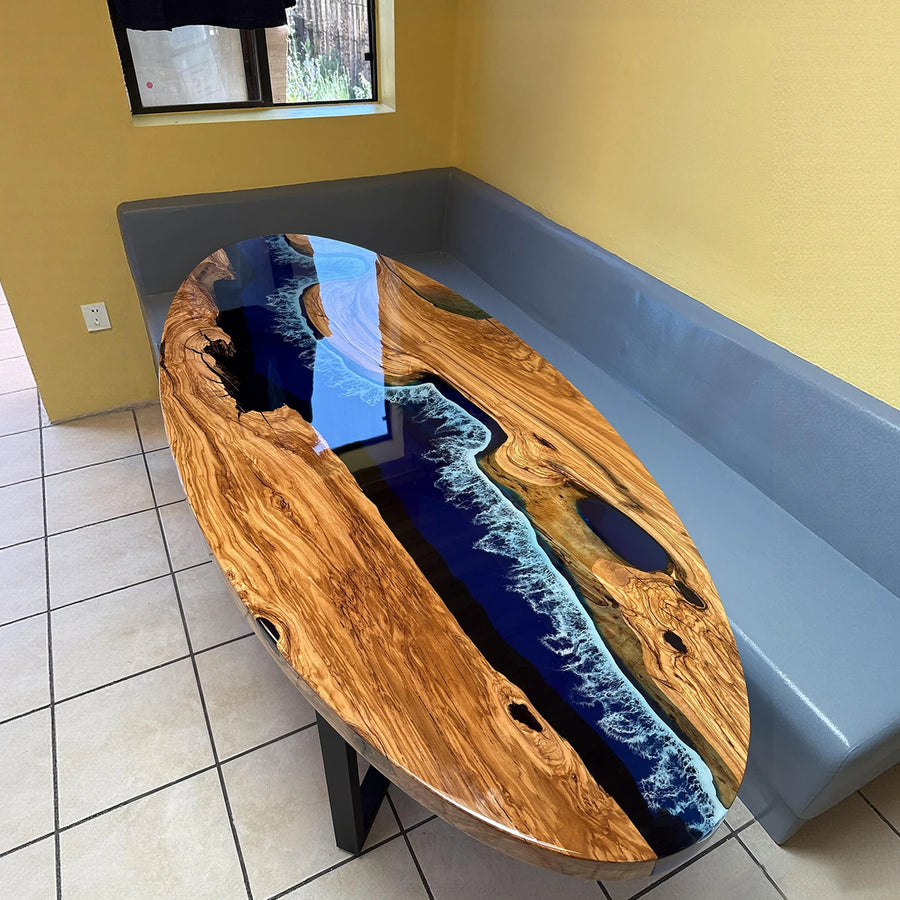 handmade olive wood ocean blue epoxy resin oval coffee table with white wave design customer photo