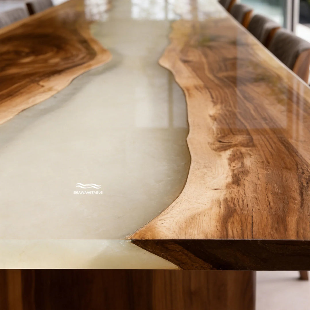 Handcrafted black walnut epoxy table by SeawaveTable with soft translucent resin