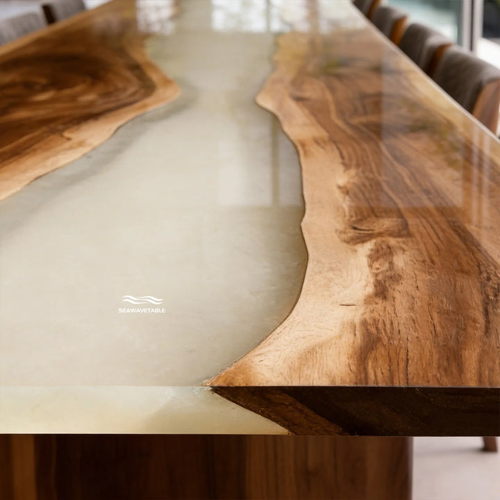 Handcrafted black walnut epoxy table by SeawaveTable with soft translucent resin