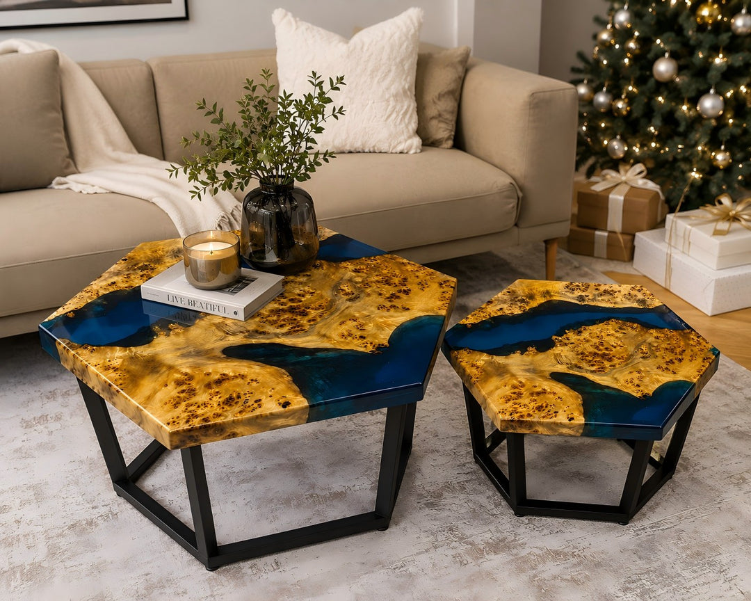 Hexagonal blue resin Poplar Burl accent table CRT-341 with contemporary geometric design