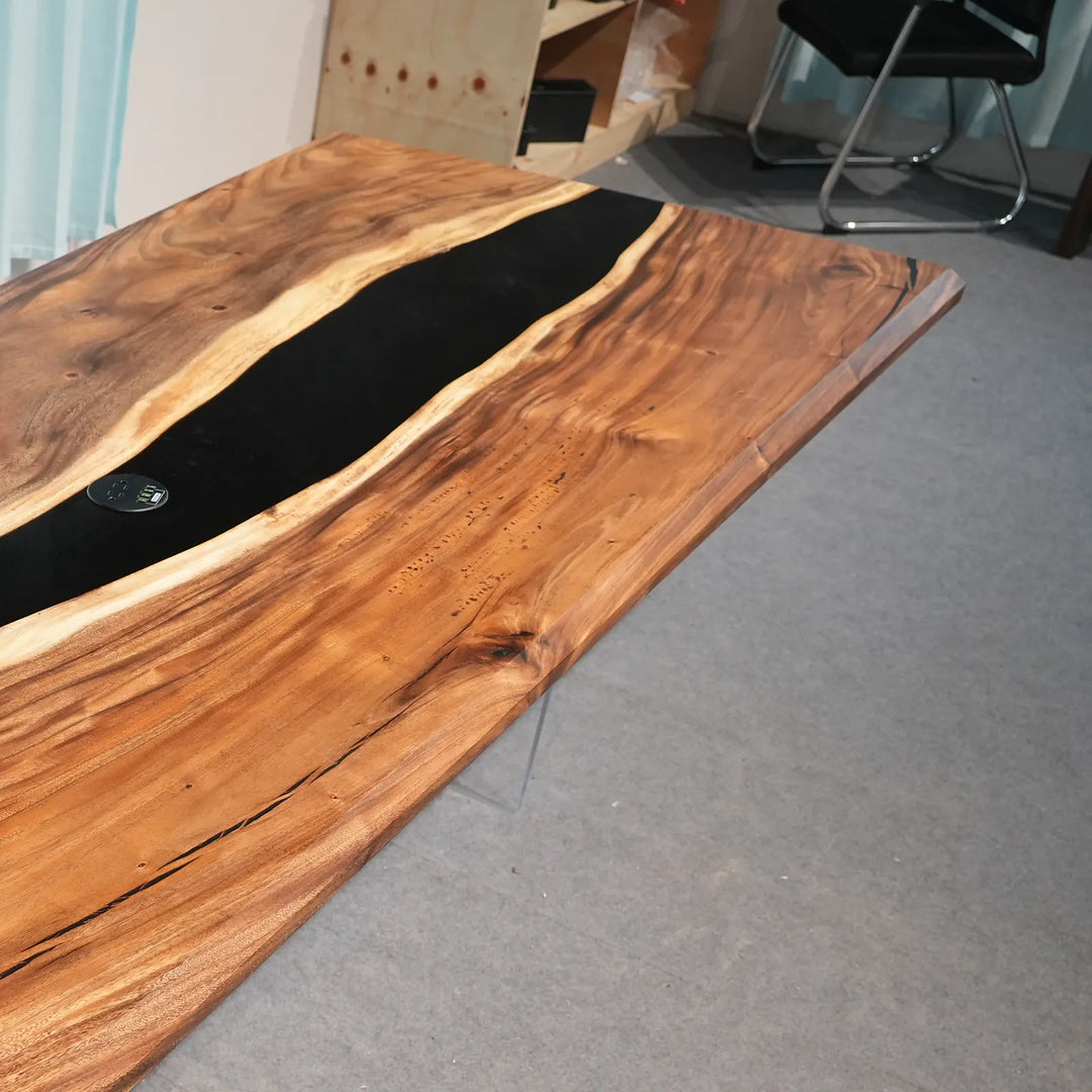 In-stock 108-inch Walnut and transparent black epoxy dining table by SeawaveTable
