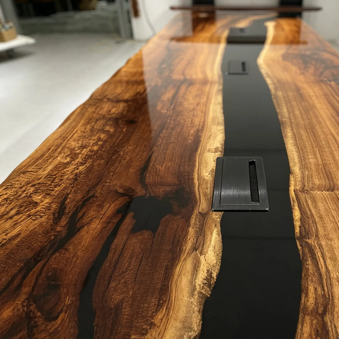 In-stock 168-inch Black Walnut and black epoxy conference table by SeawaveTable