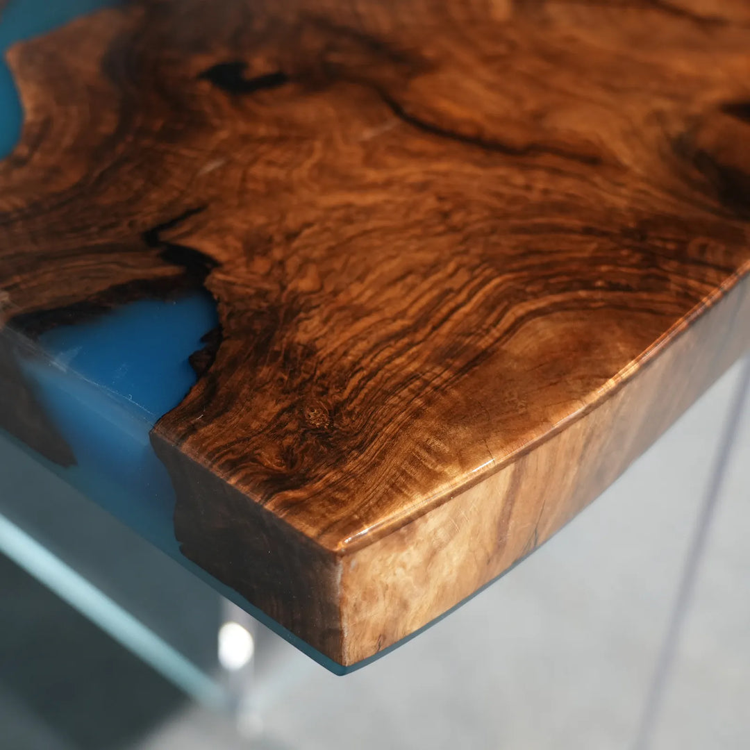 black-walnut-natural-grain-ocean-Natural Black Walnut grain beside ocean wave epoxy by SeawaveTable