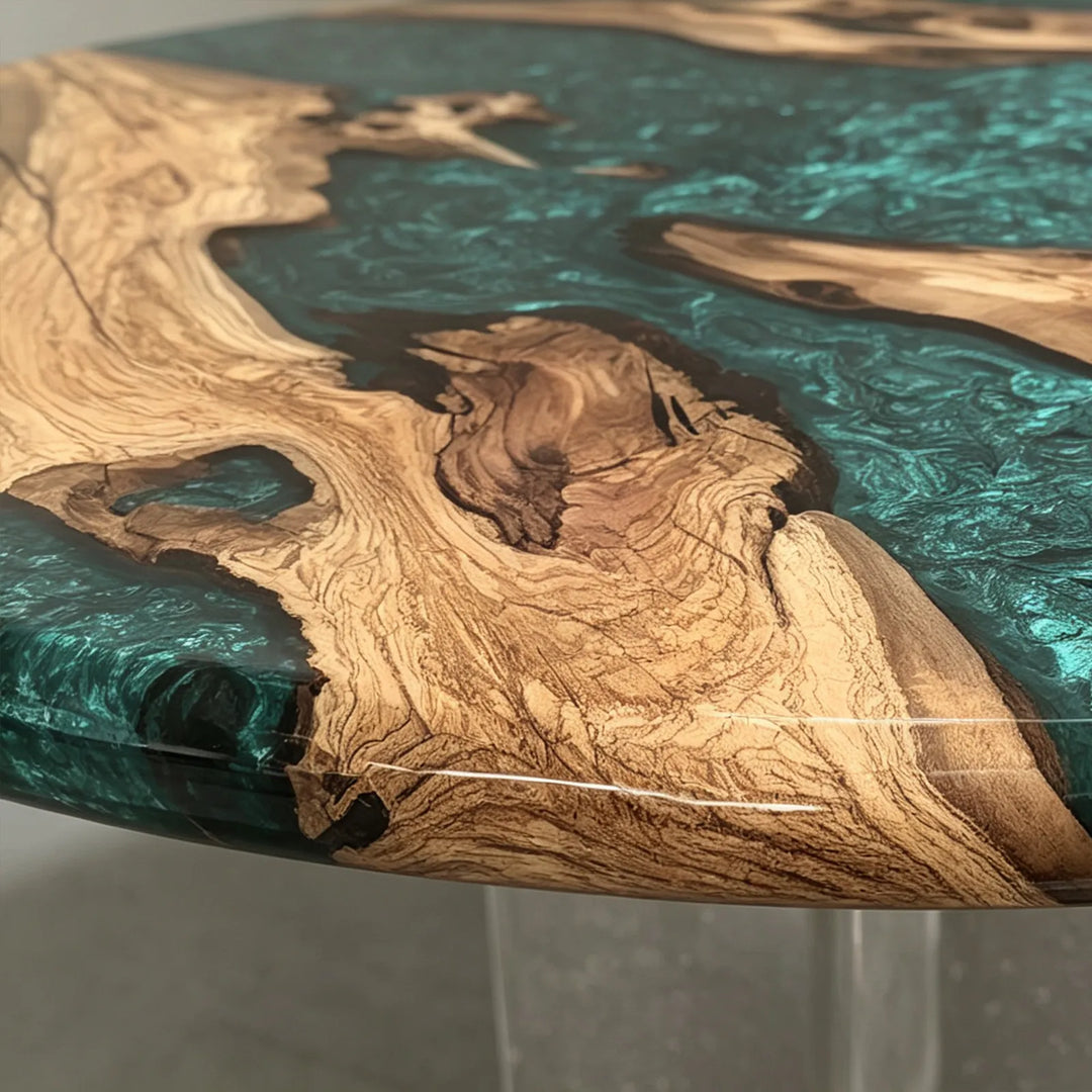 In-stock 70 inch round Olive Wood table with Emerald Green epoxy