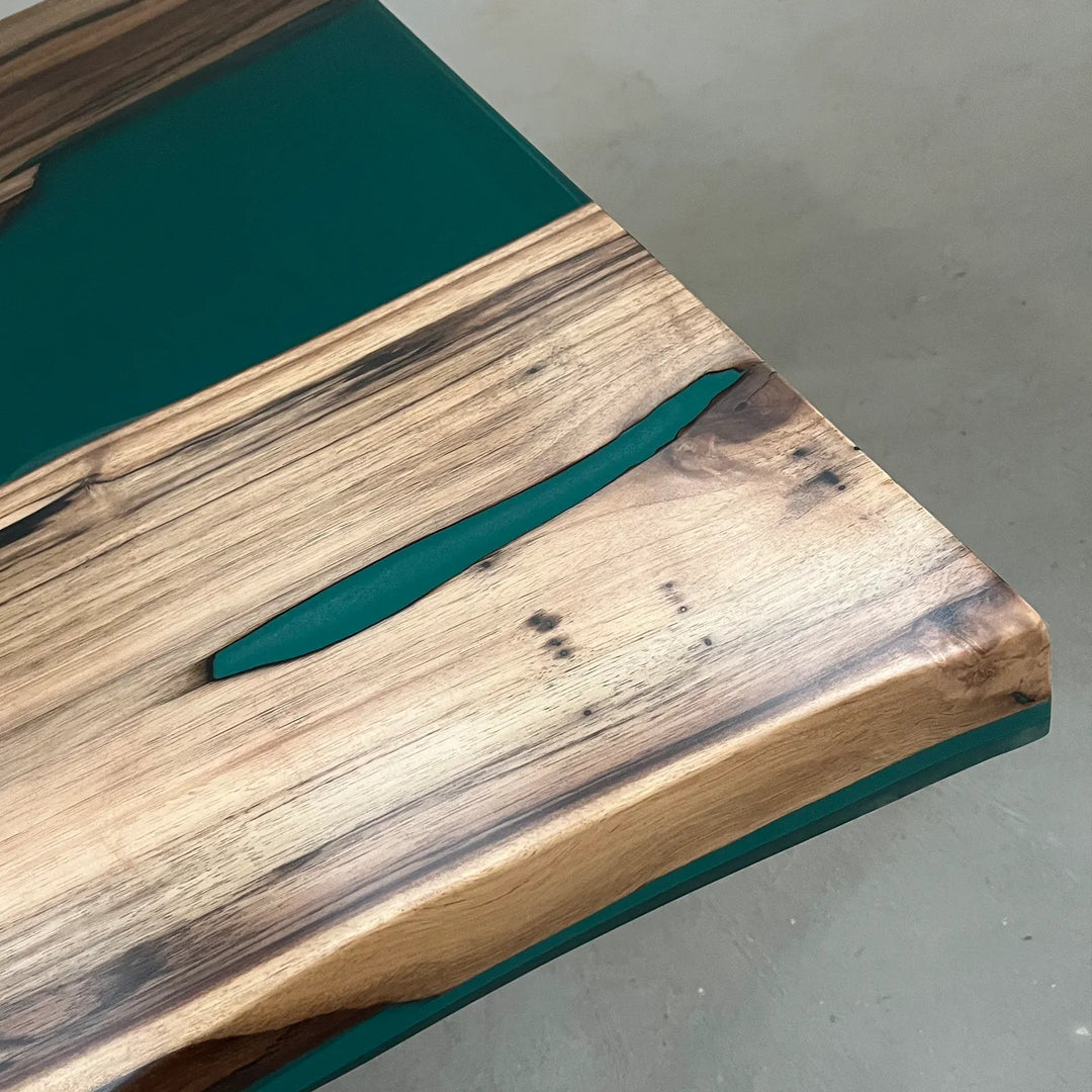 In-stock 80 inch Black Walnut Deep Teal epoxy dining table by SeawaveTable