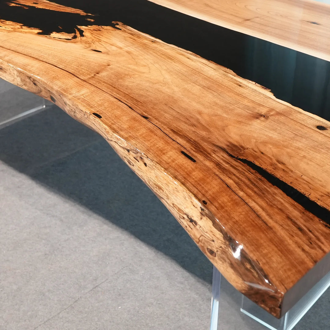 In-stock 90-inch Black Walnut and glossy black epoxy dining table by SeawaveTable