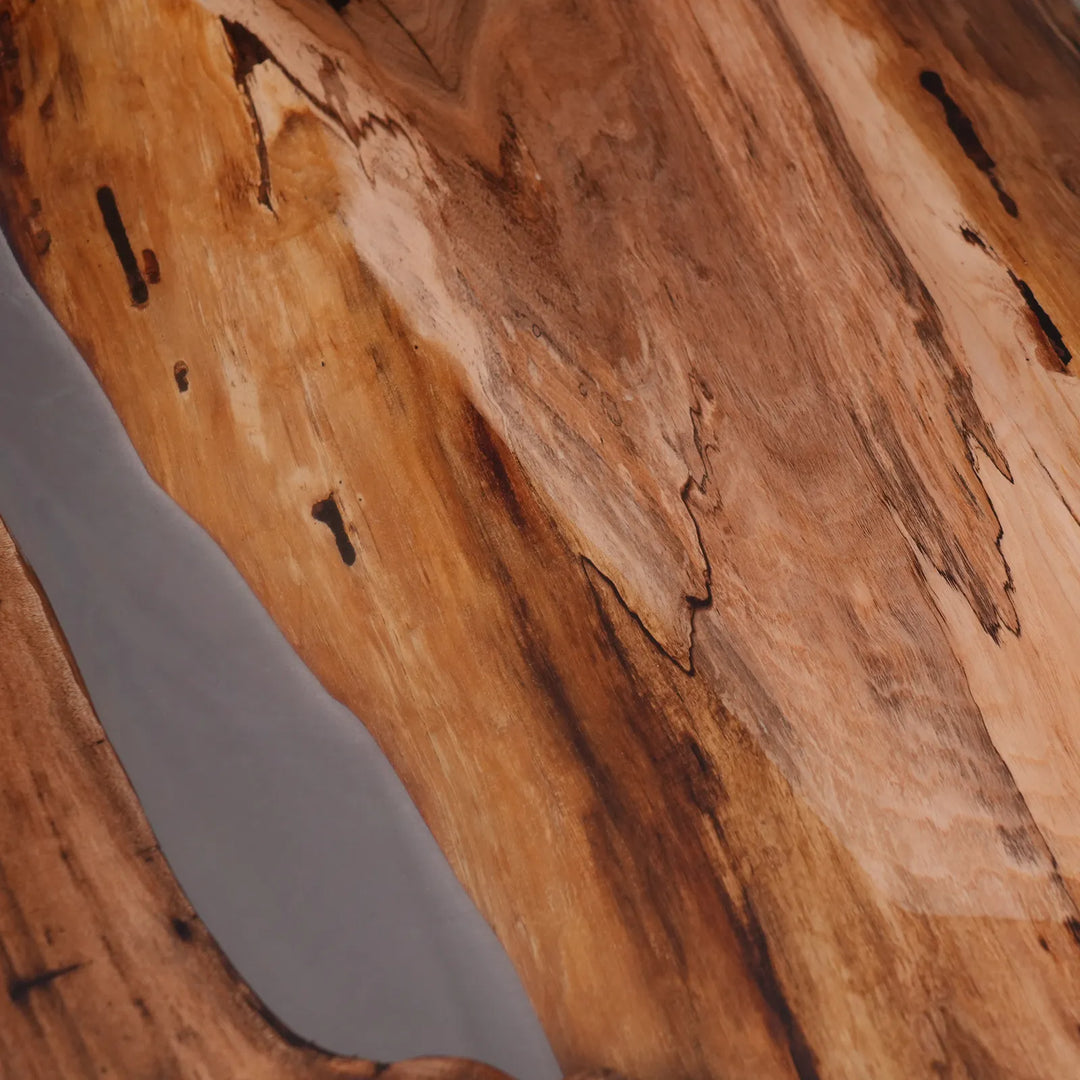 In stock Black Walnut boardroom table with clear epoxy and wood bases