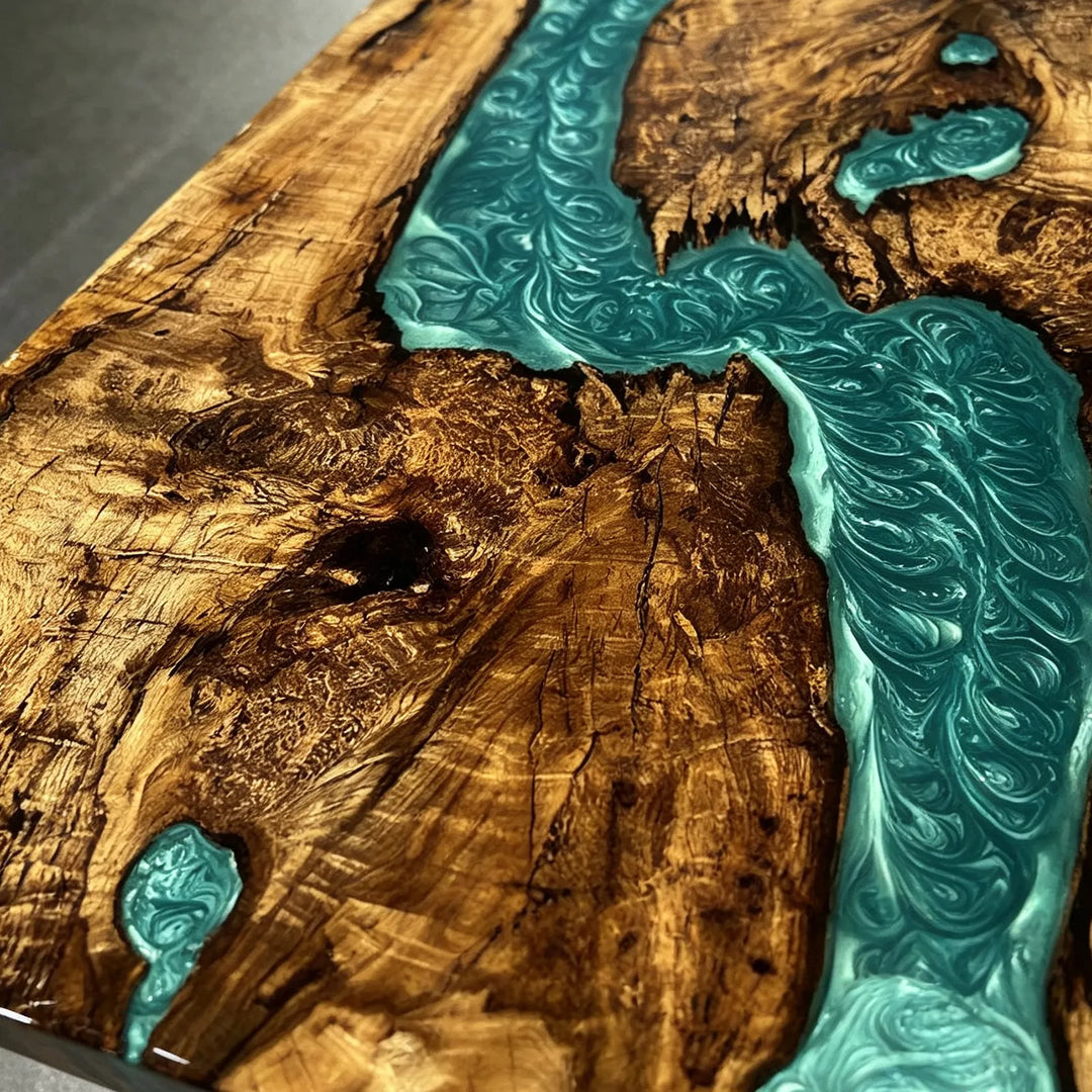 Glossy Golden Camphor river table with gradient blue resin