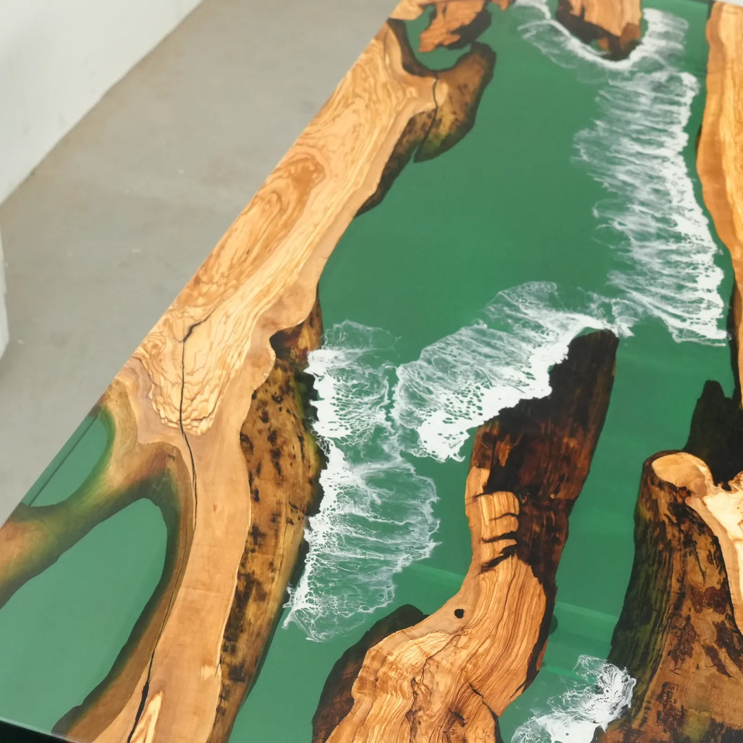 In stock Olive Wood and green ocean wave epoxy dining table