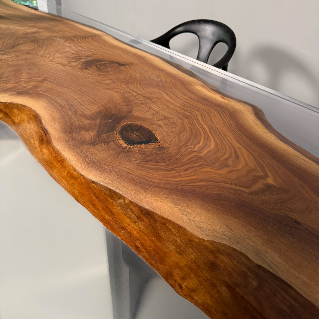 In-stock black walnut table with clear epoxy river, ready for delivery