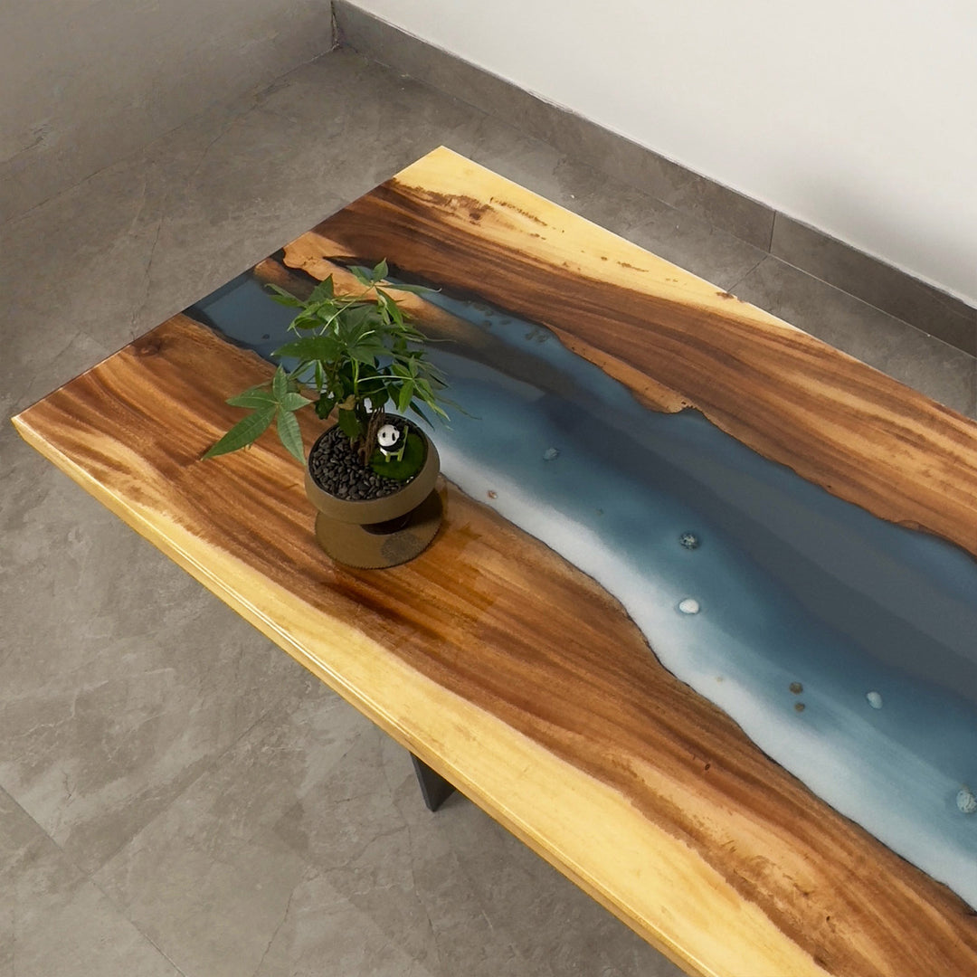 In-stock walnut resin river dining table near me with ocean-inspired blue epoxy