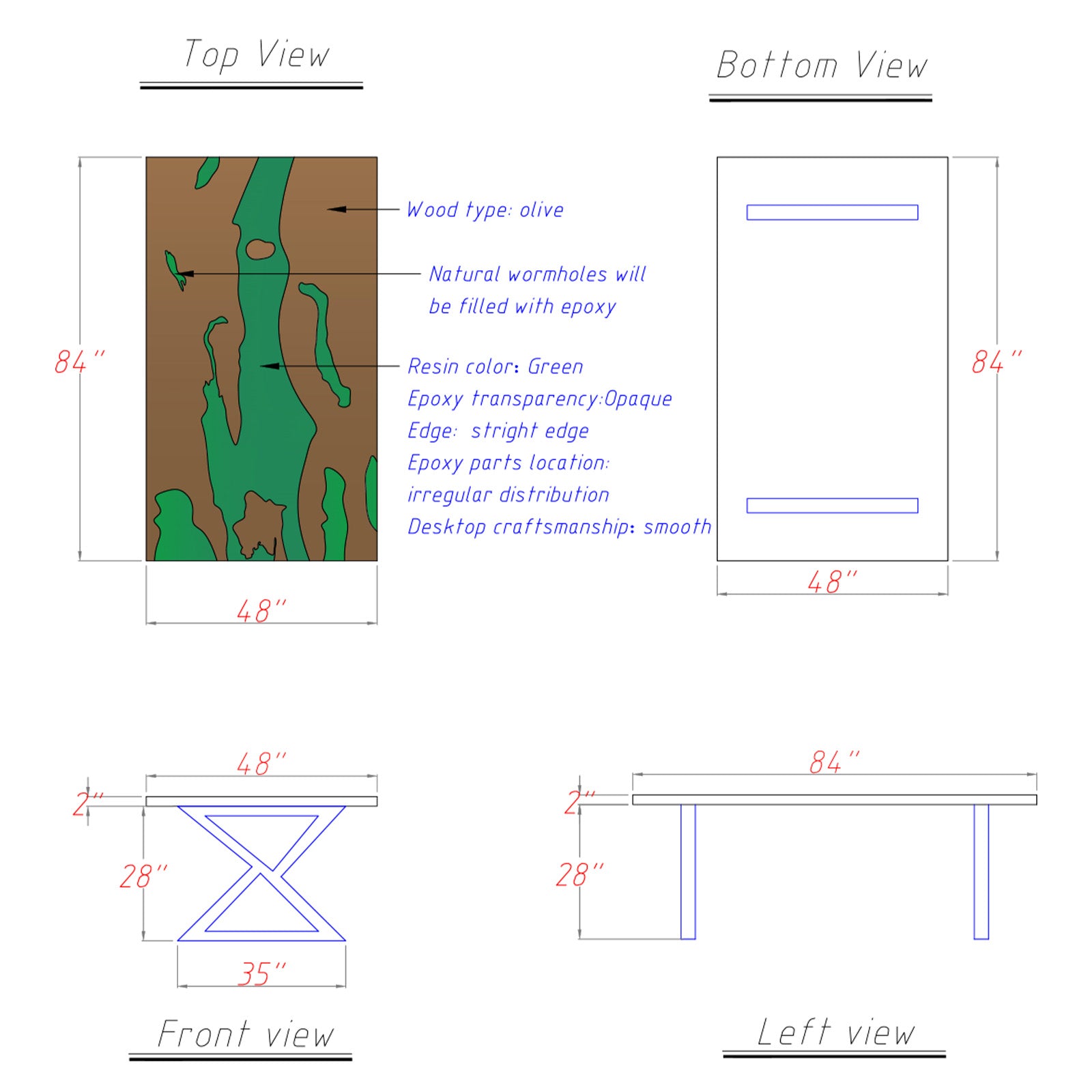 CAD design layout for custom Jade Oasis olive wood dining table.