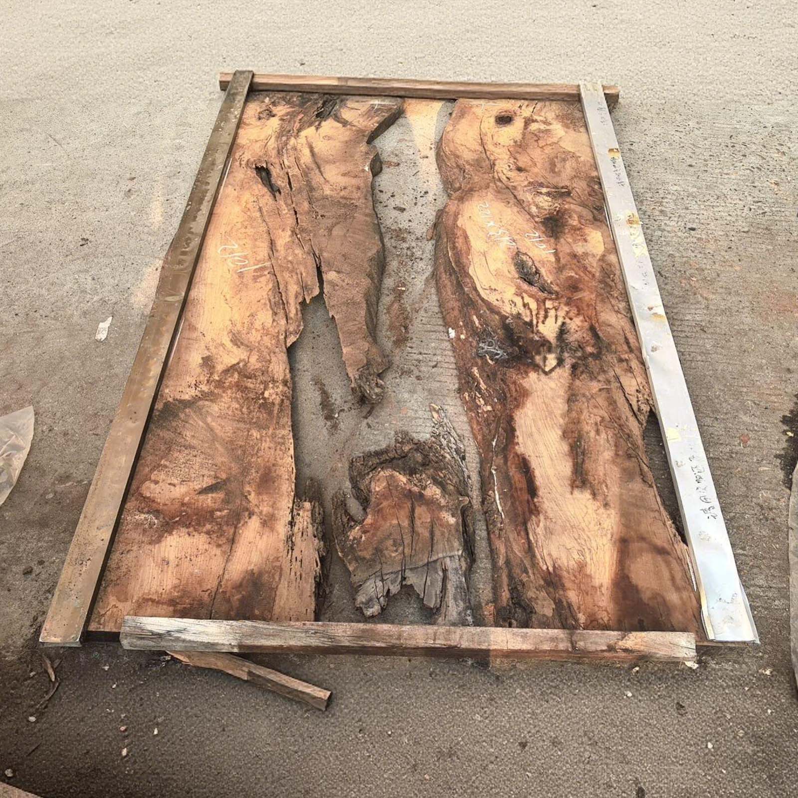 Raw olive wood board selected for Alison’s Jade Oasis resin dining table.