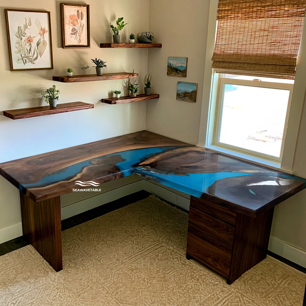 L-shaped Black Walnut epoxy executive desk with natural stone