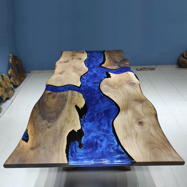 Custom Olive Wood Live Edge Blue Epoxy Resin Dining Table CRT-134