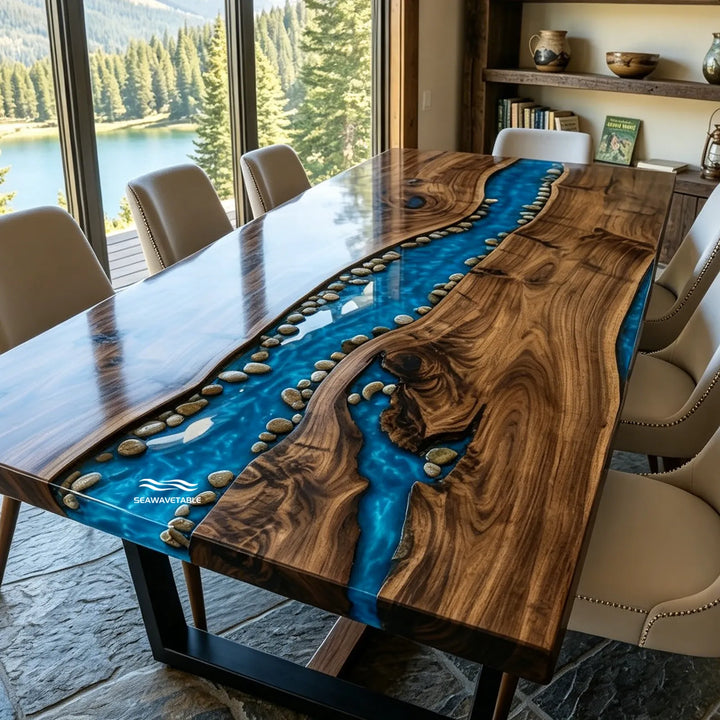 Landscape-inspired Black Walnut resin dining table CRT-343 with alpine river aesthetic
