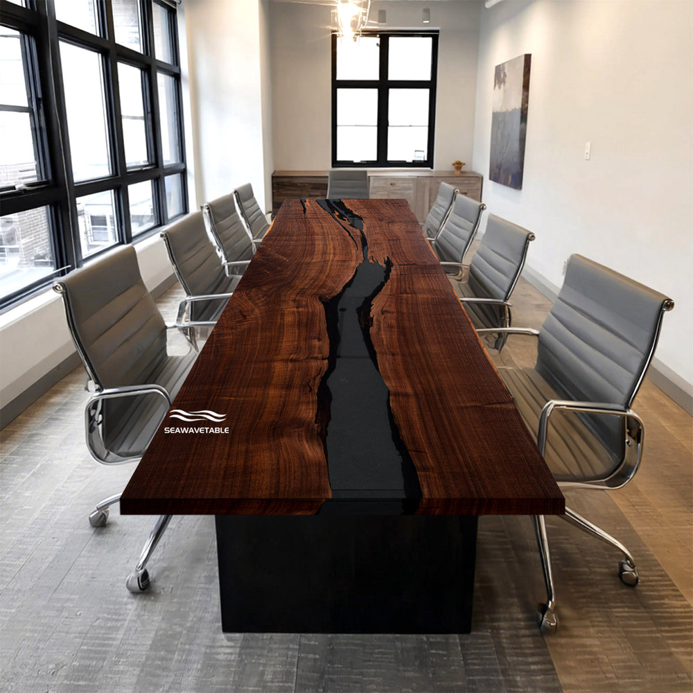 lExtra large black epoxy and walnut wood boardroom table for 16–20 people, matte finish handcrafted design