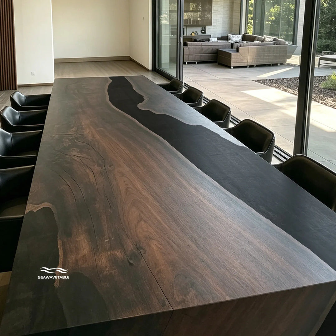 Large black walnut epoxy river conference table for 10-12 people