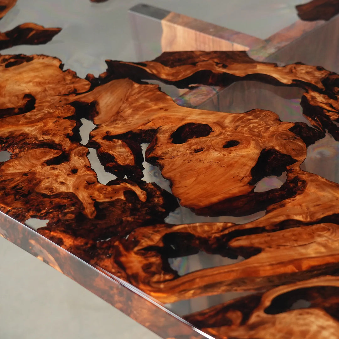 Large Cunninghamia dining table with irregular clear epoxy by SeawaveTable