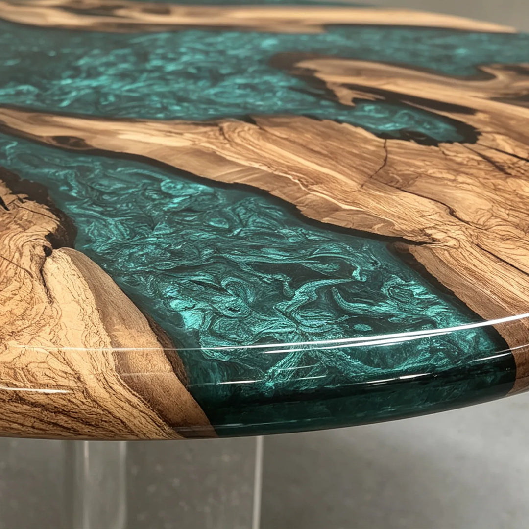 Large round Olive Wood epoxy dining table with organic wood layout