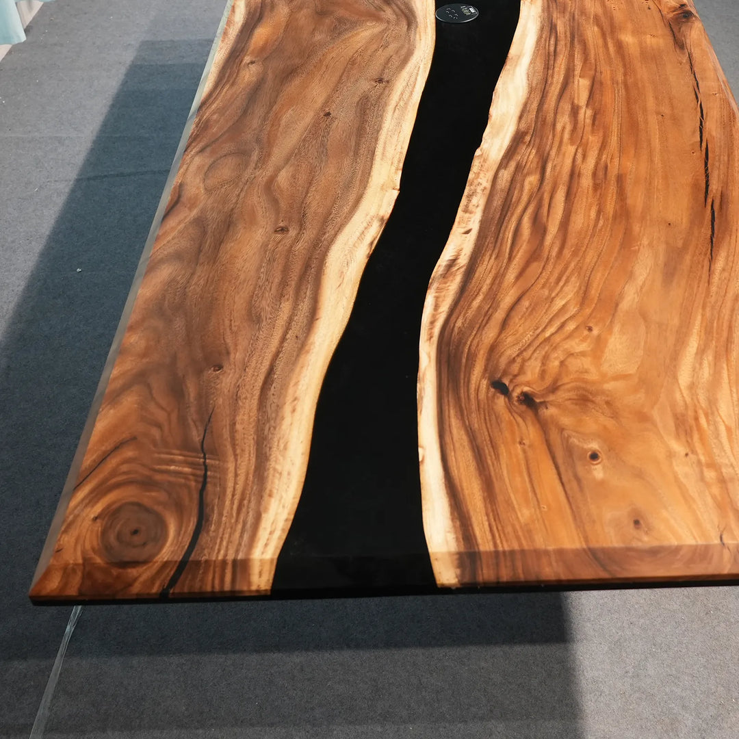 Large Walnut dining table with flowing black epoxy river by SeawaveTable