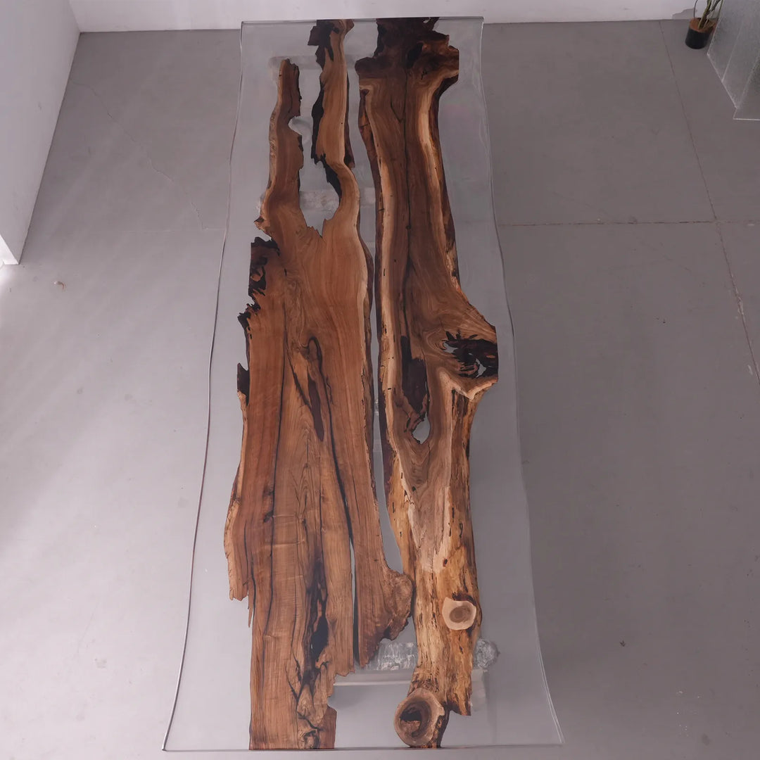Straight live edge Black Walnut table with transparent epoxy