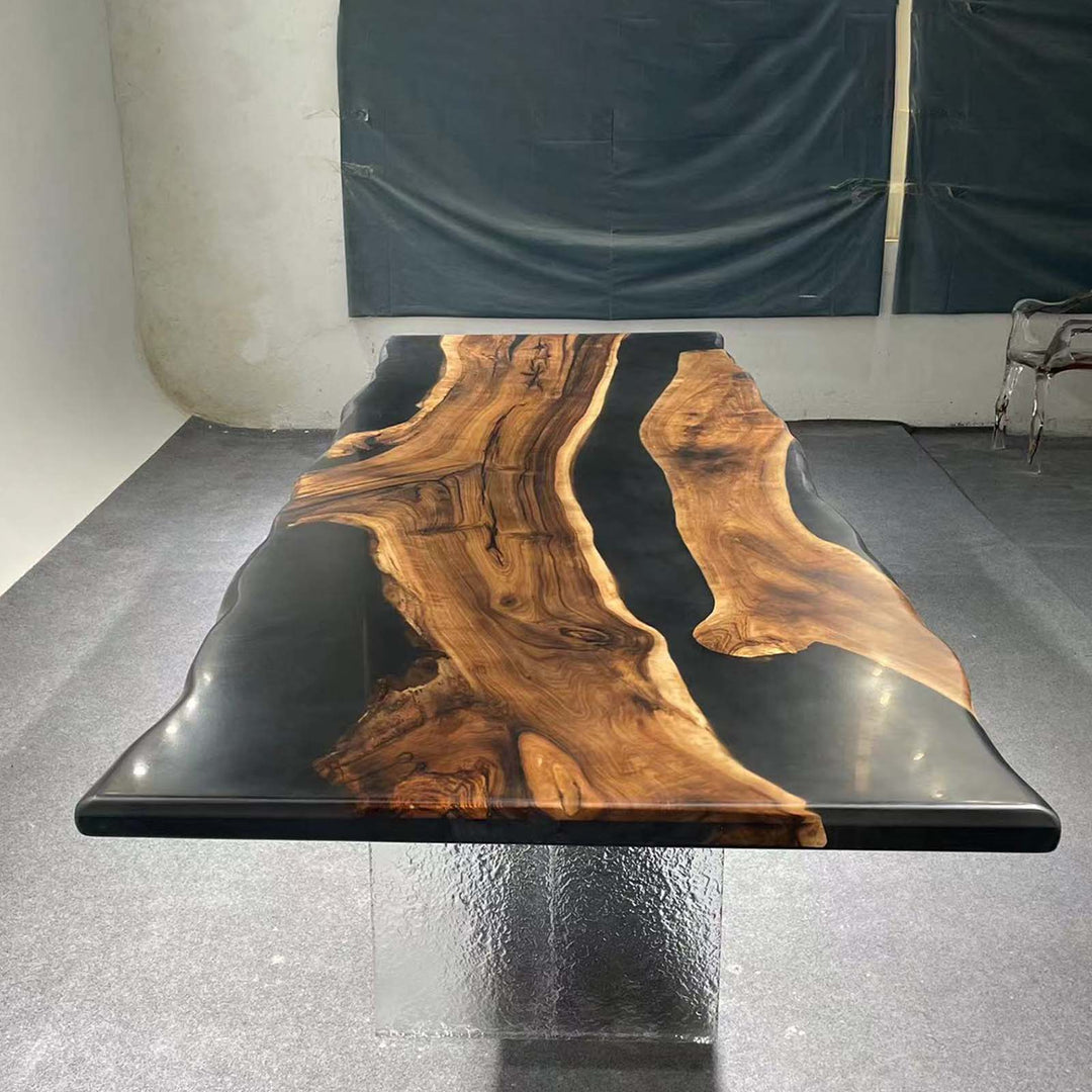 Live edge black walnut epoxy table showcasing natural organic edge design and handcrafted finish
