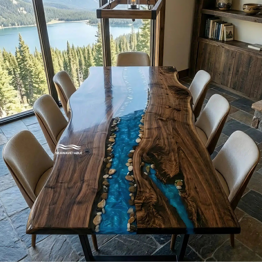 Live edge walnut Alpine River dining table CRT-343 in modern mountain lodge interior