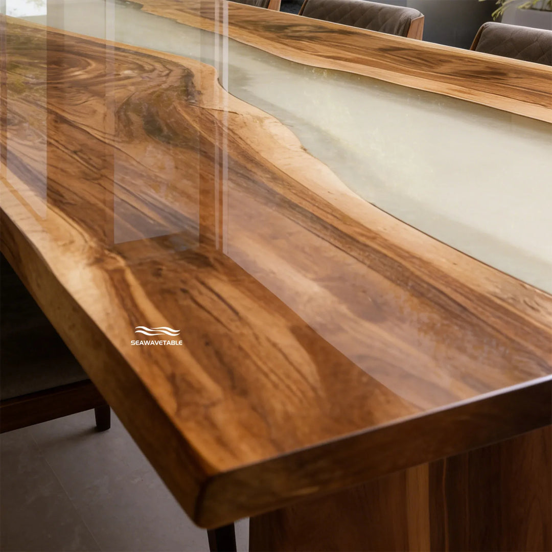 Close-up detail of live edge walnut and semi-translucent epoxy river