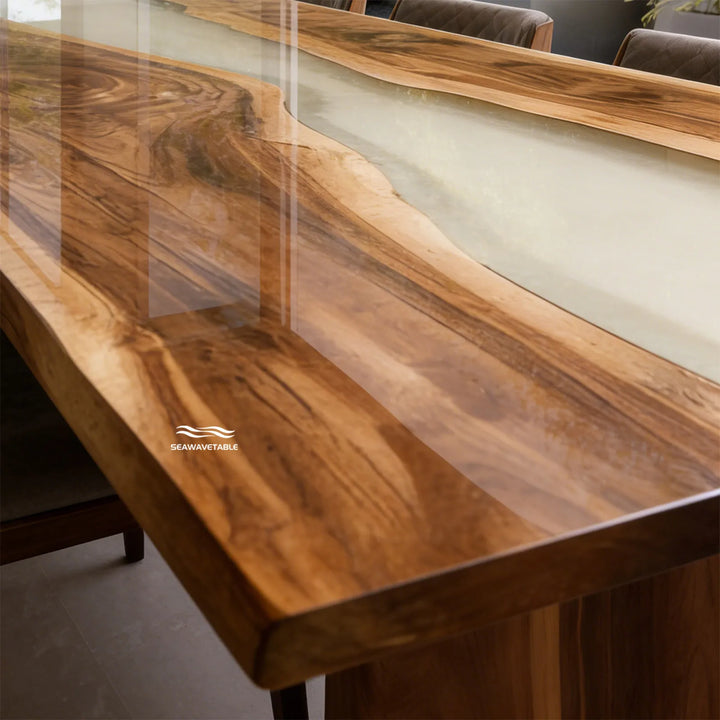 Close-up detail of live edge walnut and semi-translucent epoxy river