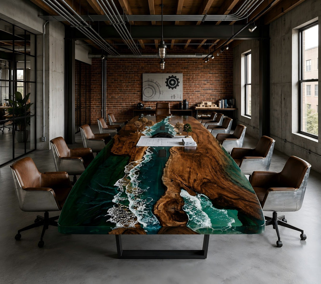 Luxury Black Walnut ocean resin conference table CRT-340 with sculptural shoreline design