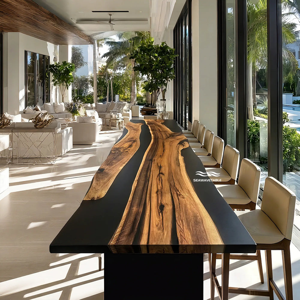 Luxury black walnut epoxy resin river table in modern dining room with live edge design and matte surface finish