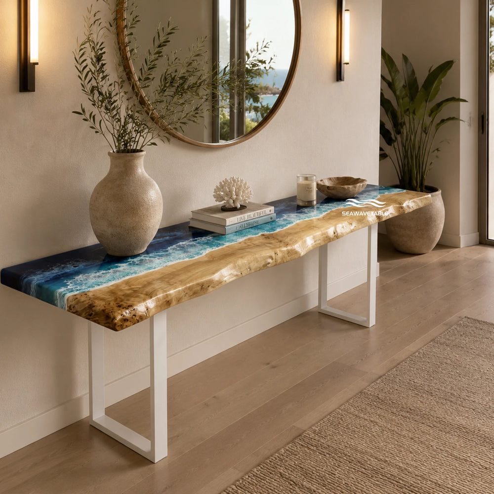 Luxury coastal entryway console table CRT-344 with shoreline resin composition