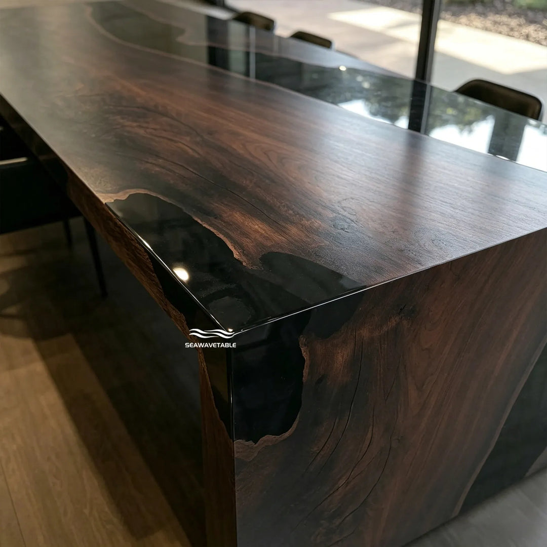 Luxury black walnut epoxy conference table with waterfall design in large meeting room