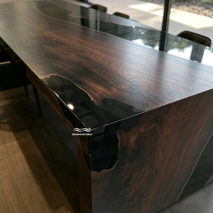 Luxury black walnut epoxy conference table with waterfall design in large meeting room