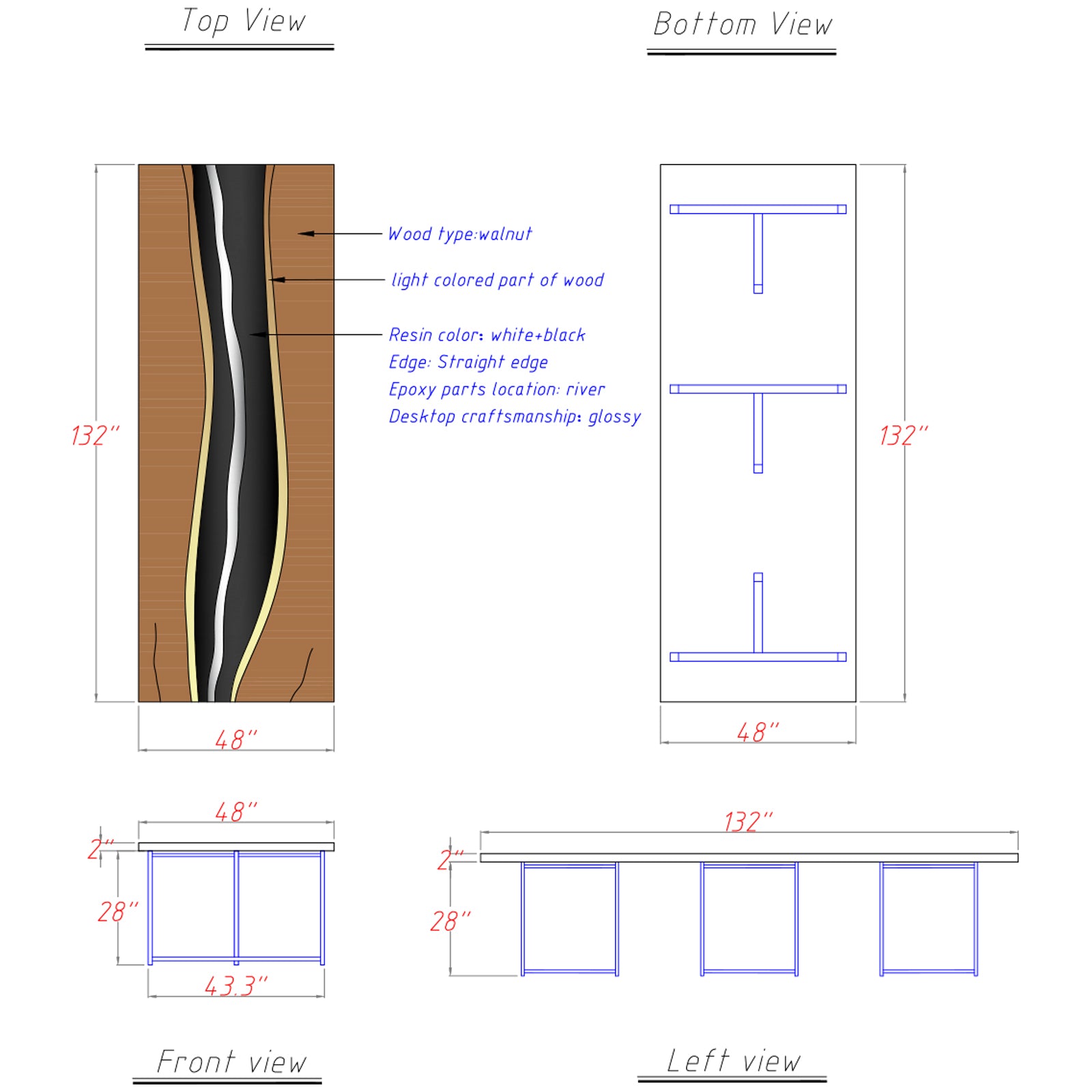 Luxury black walnut epoxy dining table full angle
