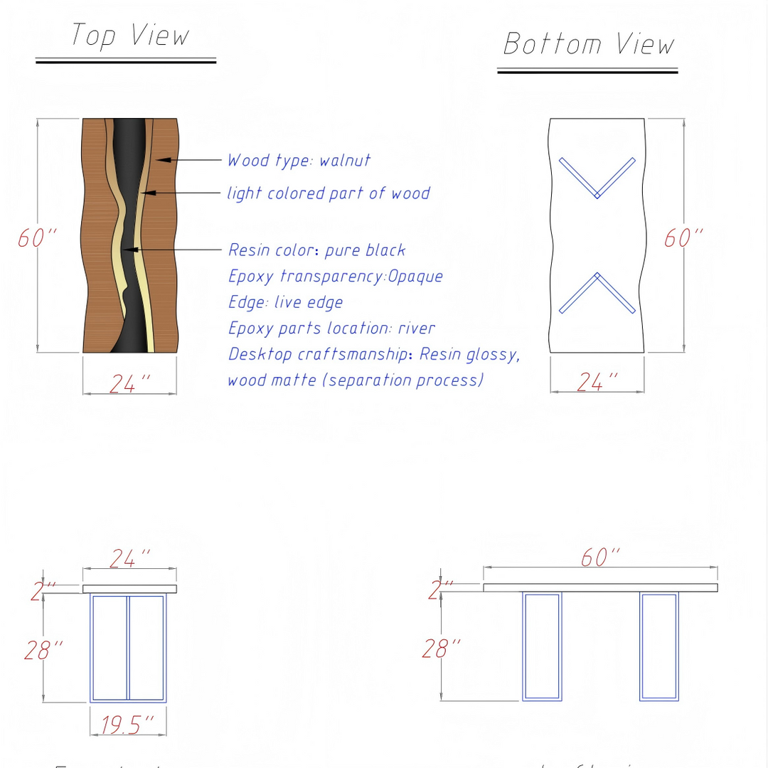 Full view of luxury walnut black resin river table