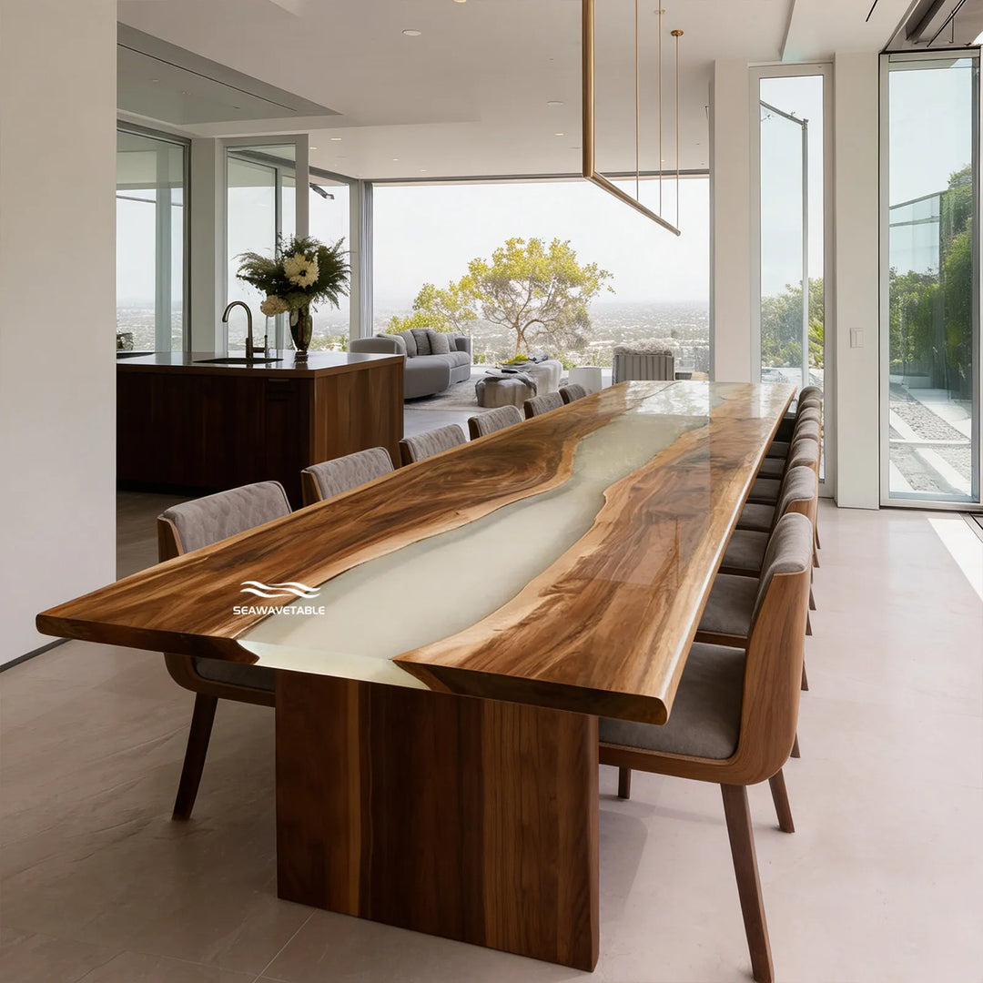 Luxury black walnut live edge dining table with creamy epoxy resin river