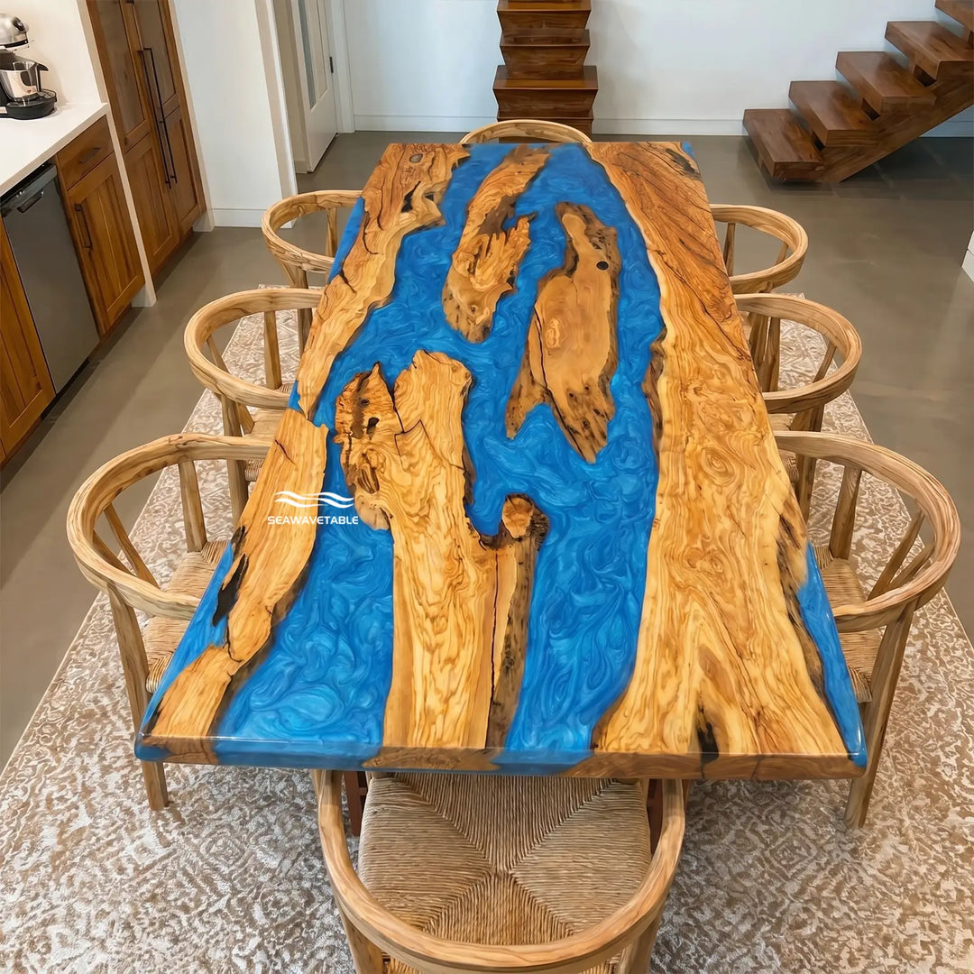 Custom Malibu olive wood blue epoxy river dining table with straight edge and high-gloss finish – SeawaveTable CRT-331