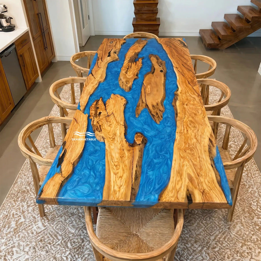 Custom Malibu olive wood blue epoxy river dining table with straight edge and high-gloss finish – SeawaveTable CRT-331