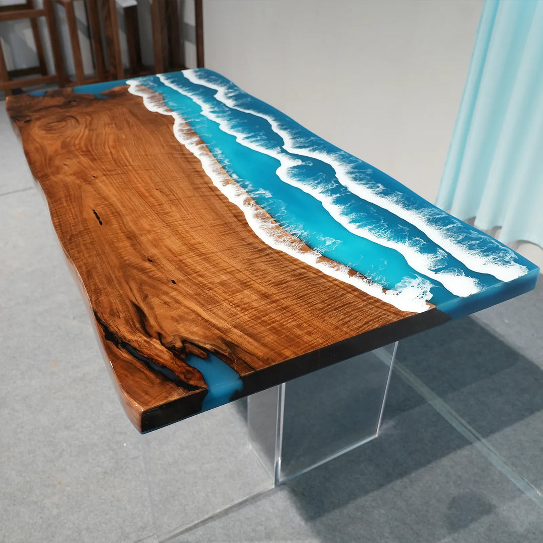 Black Walnut dining table with ocean shoreline epoxy design by SeawaveTable