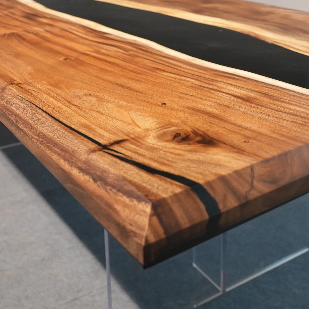Matte Walnut and glossy transparent black epoxy tabletop by SeawaveTable